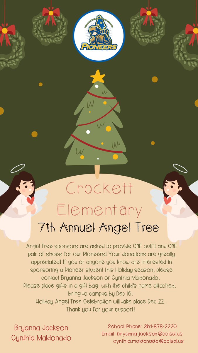 Looking for sponsors for our 7th Annual Angel Tree Event! Please reach out help support our Pioneers! 💙💛