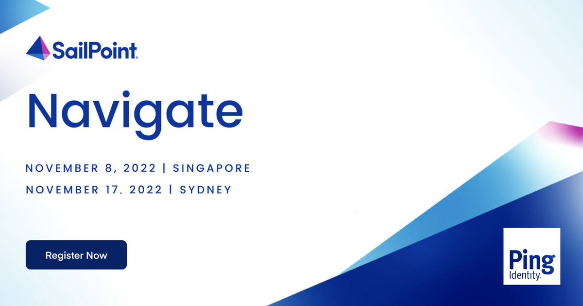 pingidentity's tweet image. We&apos;re looking forward to attending #Navigate22 Singapore &amp;amp; Sydney! Join us to connect w/ #identitysecurity thought leaders &amp;amp; learn how Ping + @SailPoint are #bettertogether.

🔗LINKS 🔗
🇸🇬 Singapore, 8 Nov: ow.ly/EIb950LjAJy
🇦🇺 Sydney, 17 Nov: ow.ly/jspV50LjART