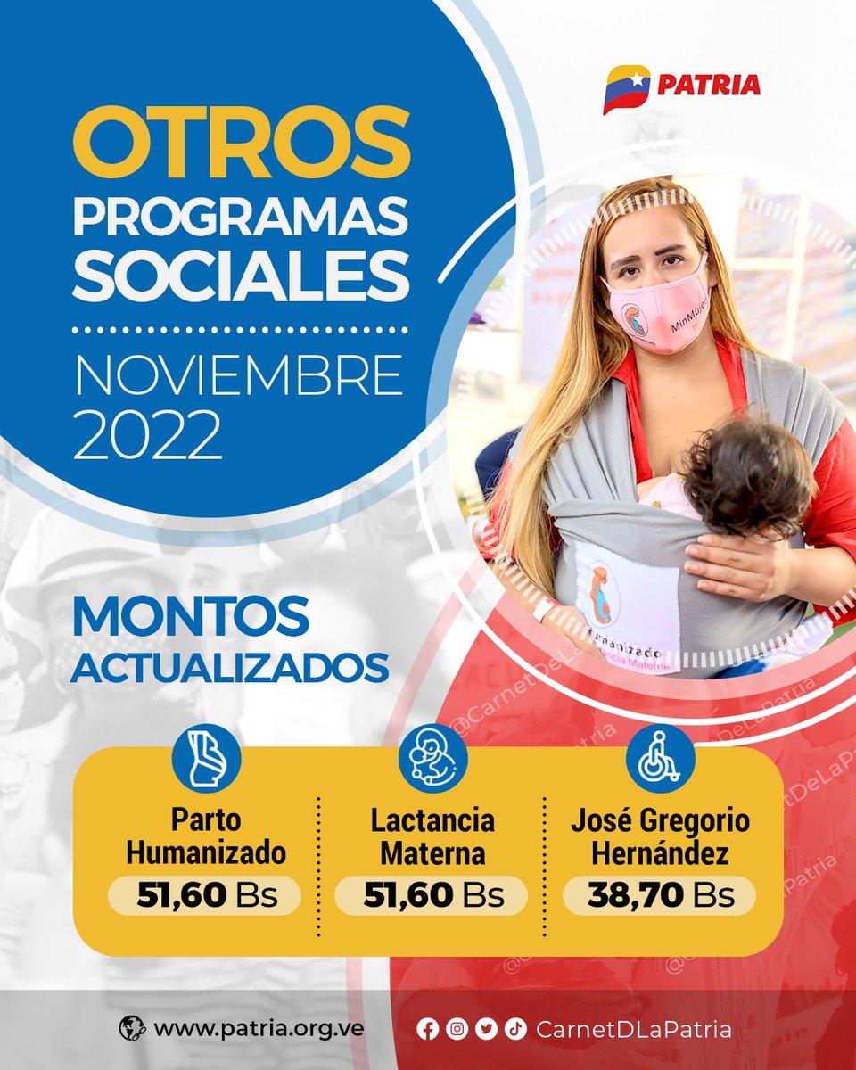 CarnetDLaPatria's tweet photo. #ATENCIÓN El #Carnetdelapatria y el #SistemaPatria es un moderno mecanismo de atención social que también incluye a personas con discapacidad.

Conozca el nuevo monto de los #Bonos:
 #PartoHumanizado 
#LactanciaMaterna
#JoseGregorioHernandez.

#EsNuestraAmérica #1Nov https://t.co/y22eWXeDoN