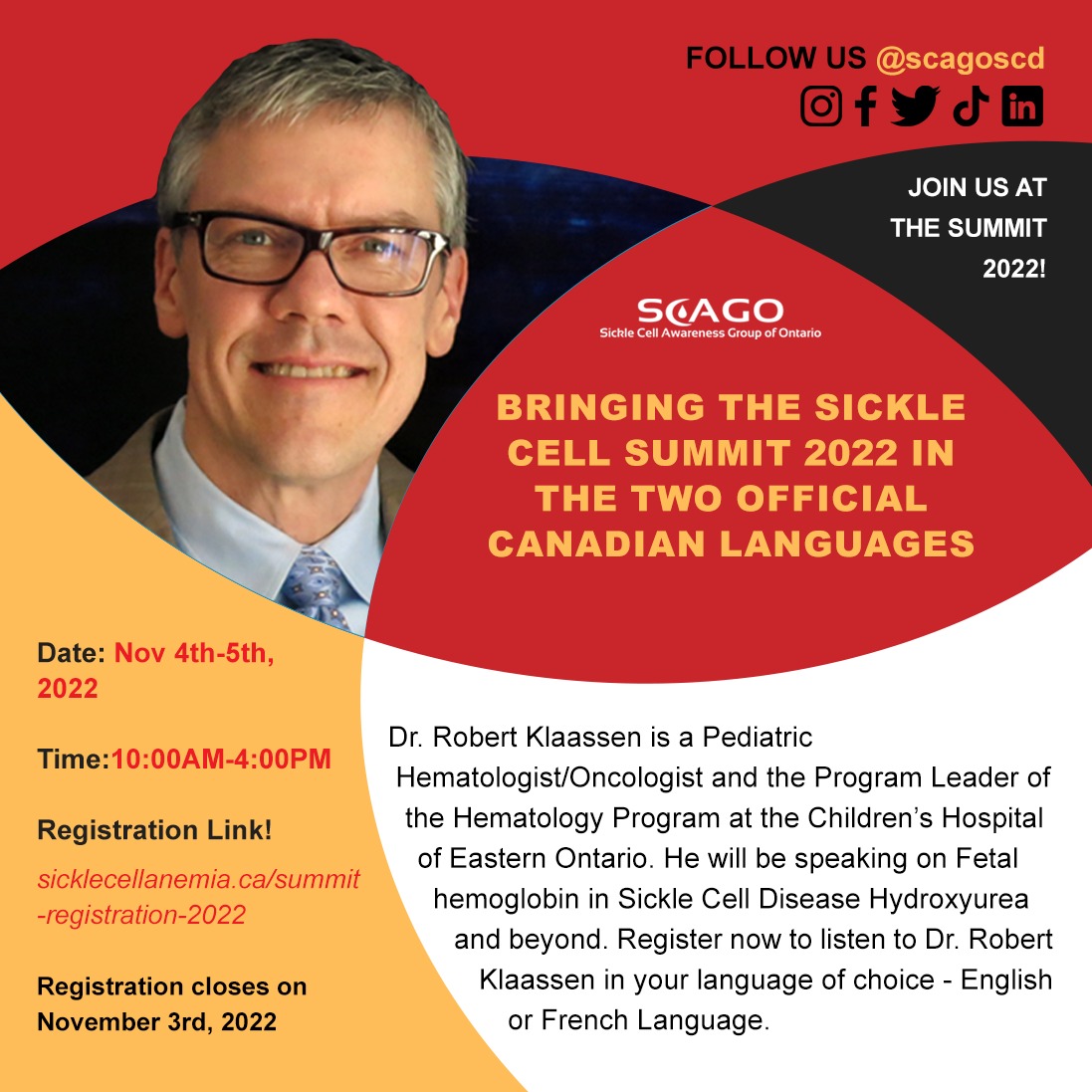Sickle Cell Awareness Group of Ontario (SCAGO) (@scagoscd) on Twitter photo The Sickle Cell Summit 2022 will be streamed in English and French on the Zoom event platform. Join us for an exciting and inspiring two days of learning from Canadian and global sickle cell disease experts. Registration closes at 12 PM on November 3rd sicklecellanemia.ca/summit-registr… The Sickle Cell Summit 2022 will be streamed in English and French on the Zoom event platform. Join us for an exciting and inspiring two days of learning from Canadian and global sickle cell disease experts. Registration closes at 12 PM on November 3rd sicklecellanemia.ca/summit-registr…