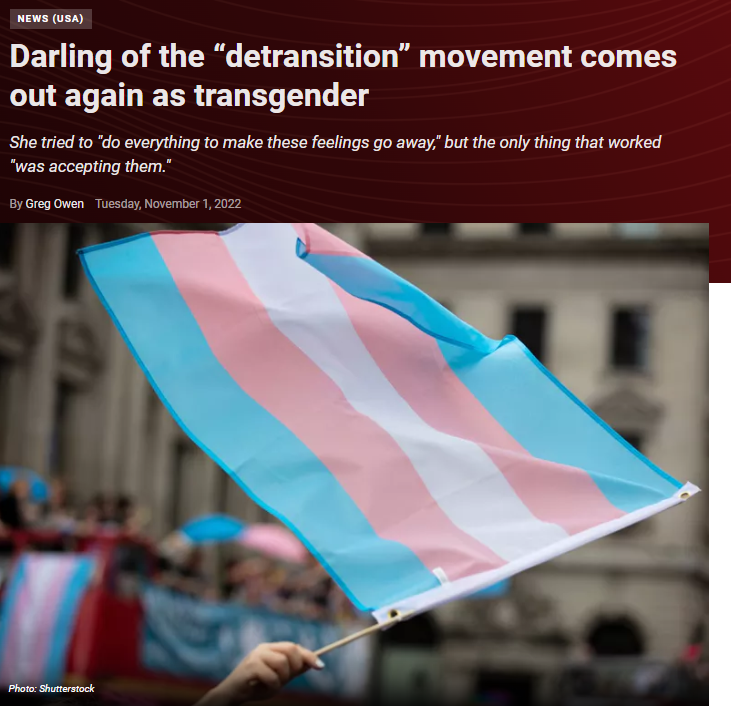 I know Ky, and she's pretty incredible. This is a reminder that over 60% of those who detransition will likely retransition later in life. This is yet another similarity the political detrans movement has with the ex-gay movement.