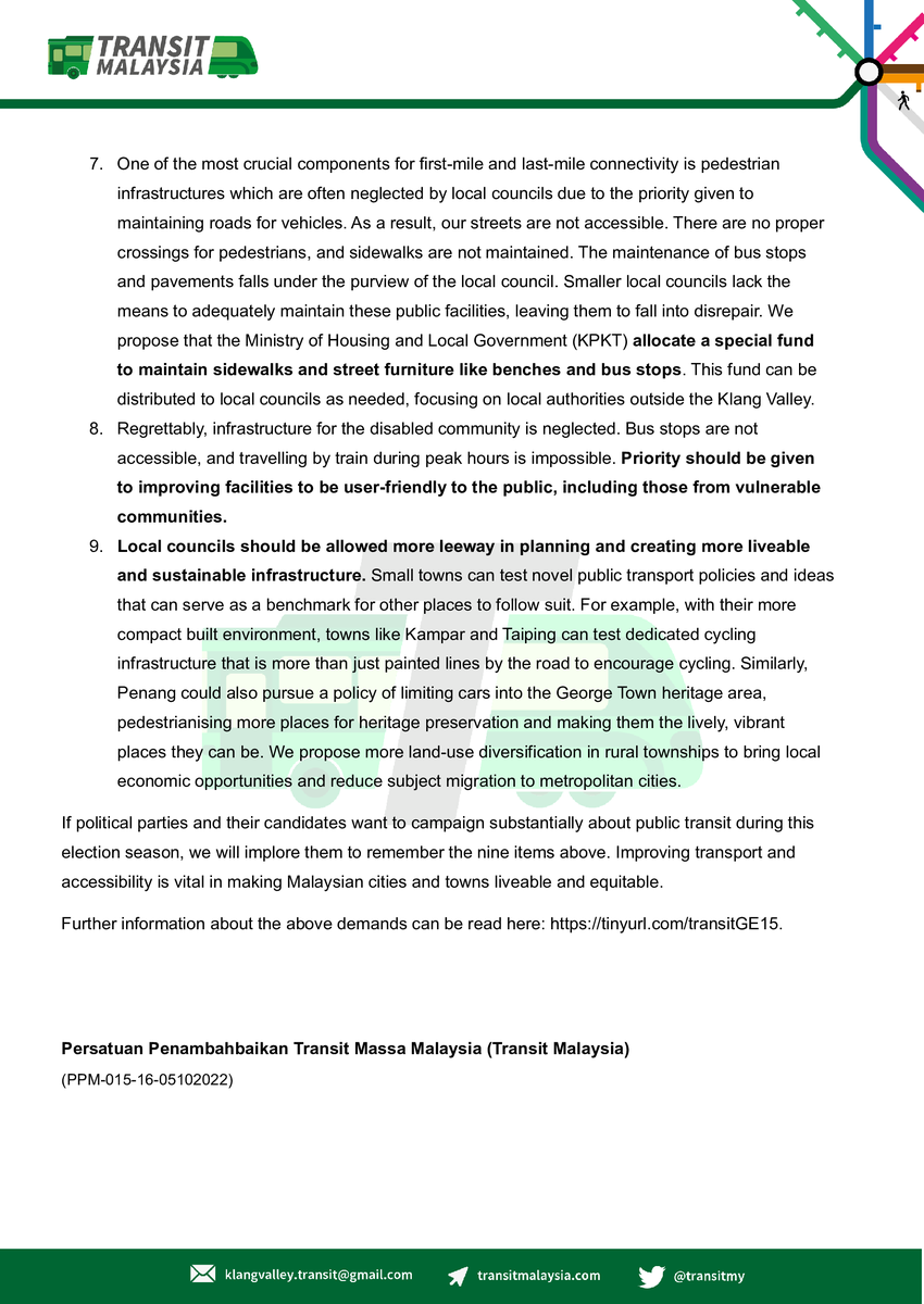 transitmalaysia's tweet photo. #GE15 is now upon us and the time for systematic change for a more sustainable, inclusive urban environment is now.

You, the rakyat, may join us to push for these points to become important policies by any political party

Thread of key points below 🧵 👇 https://t.co/pz2jcgKe7K