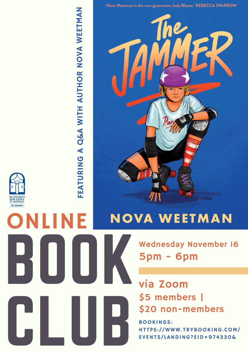 CBCAVic's tweet image. Our Term 4 online book club is happening in a few weeks! Everyone is welcome to come along (virtually) on November 16 to hear from @NovaWeetman about her brand new release, The Jammer. $5 members / $20 members. Bookings: trybooking.com/events/landing…

#cbcavic #novaweetman #thejammer