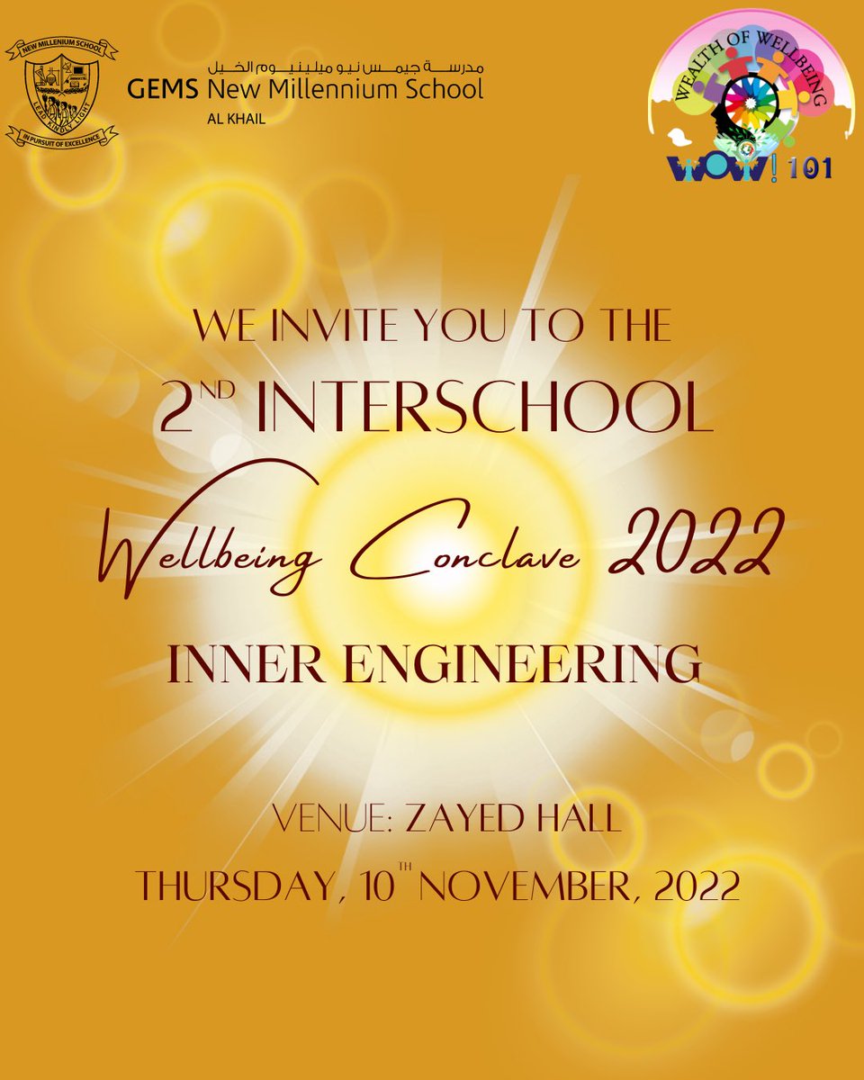Let the countdown begin.
The WOW! 101 team is ecstatic to announce the 2nd edition of the Inter-School Wellbeing Conclave 2022! This year, highlighting the theme: Inner Engineering✨

Stay tuned for more updates! 

#wellbeingconclave2022 #10YearsOfNMS #LetYourInnerLightShine