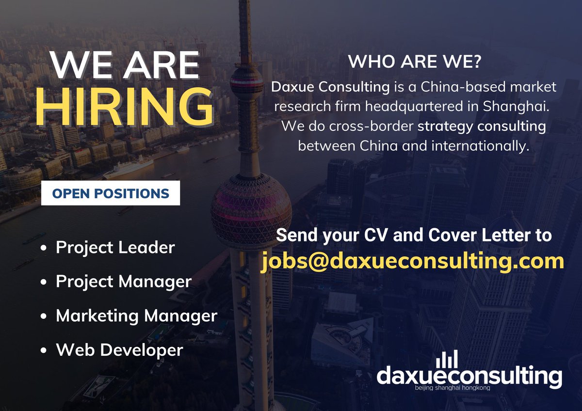 Looking to further your career in cross-border consulting and market research?

Send your resume to jobs@daxueconsulting.com to apply

Foreign passport holders located in China are also welcome to apply!

#jobpost #jobalert #wearehiring #consultant #marketingmanager #webdeveloper