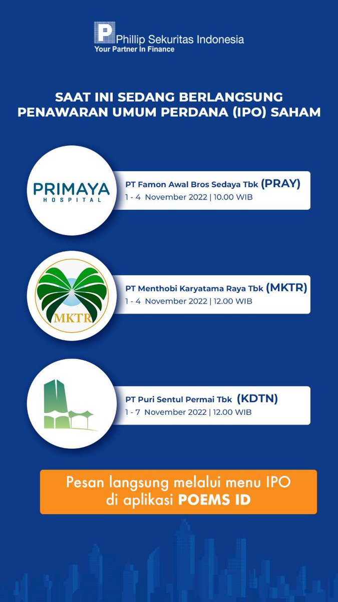 TalkToPhillip's tweet photo. Sobat Phillip, berminat untuk pesan saham IPO?๐
Saat ini sedang berlangsung Penawaran Umum Perdana (IPO) saham dari beberapa perusahaan.
Nah, kamu bisa melakukan pemesanan saham IPO secara mudah pada menu IPO di Aplikasi POEMS ID!
#TalktoPhillip #IPOSaham #IPO https://t.co/gyOtRsclNB