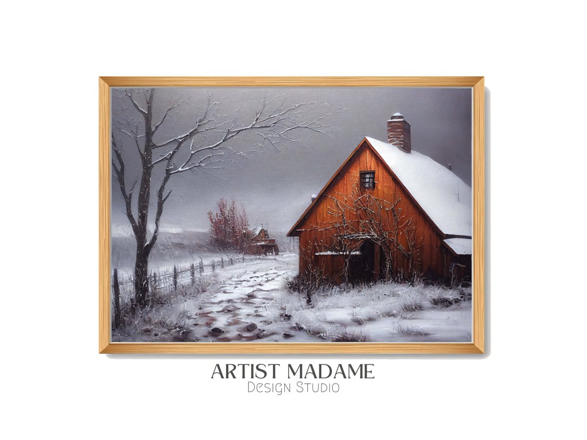 Winter Moody Oil Painting Download | Printable Vintage Cottage Painting Landscape etsy.me/3zYh29N #countryfarmhouse #landscapescenery  #winterartprint #winterwallart #farmhousedecor #vintageart #landscapepainting #vintagepainting #vintageoilpainting