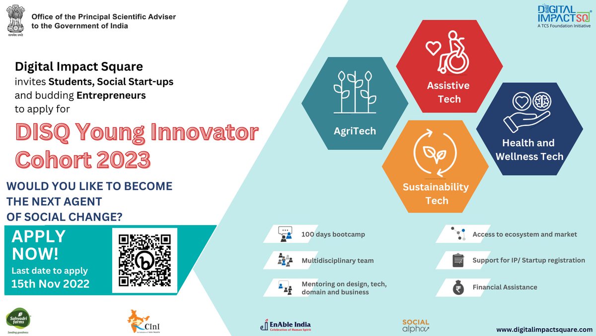ManthanOPSA's tweet image. @DigitalImpactSq in association with @PrinSciAdvOff is calling out innovators that have ideas/ prototypes/ MVPs in #AssistiveTech, #Agritech, #Health &amp;amp; #Wellness Tech, &amp;amp; #SustainabilityTech to apply for 2023 Cohort! Apply here bit.ly/3UfiMCV