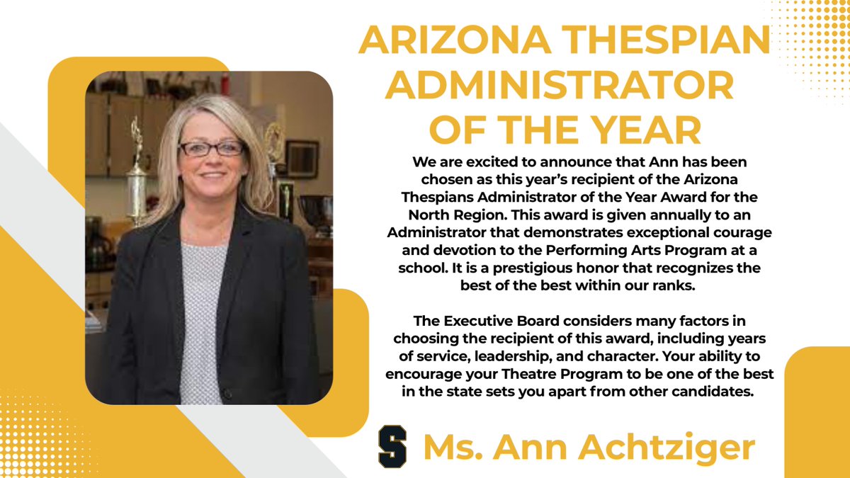 Join us in congratulating SHS Principal Ann Achtziger on being chosen as this year’s recipient of the <a href="/AZThespians/">Arizona Thespians</a> Administrator of the Year Award.  
#WeAreSaguaro #OneTeamOneFamily