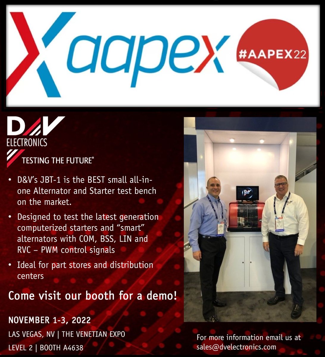 dvelectronics's tweet photo. The @AAPEXShow is finally here in Las Vegas! Come to our booth A4638 to see all the advantages of D&amp;V's JBT-1 for yourself. Ask for a LIVE demo!
#AAPEX22 #AutomotiveAftermarketIndustry https://t.co/gvX342iFS2