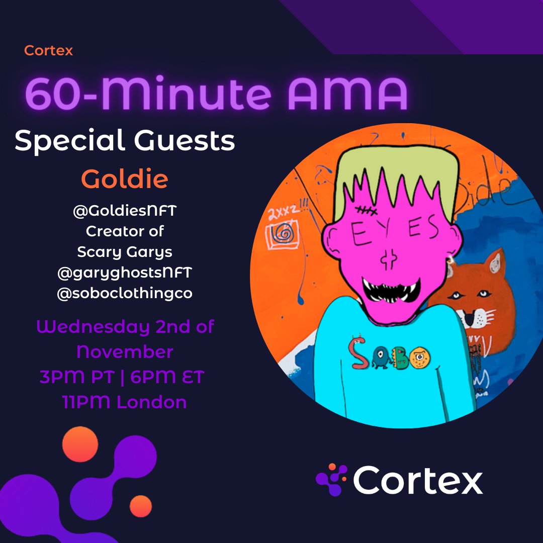crtx_io's tweet photo. @GoldiesNFTart tomorrow shares insights on his journey and his vibe with the #CortexAMA with @leonardkish
and @unclenate
We are on one hour earlier than usual tomorrow! 3 PM pacific, 6 PM Eastern.
https://t.co/oGF63Op77N https://t.co/etmWffUQyq