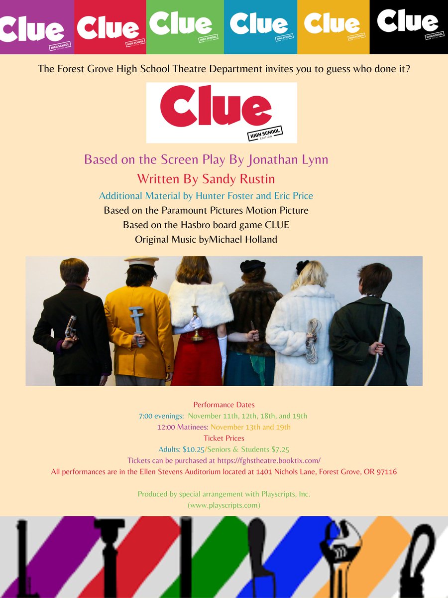 FGHS Theatre Department Presents Clue 
Performances: Nov. 11th, 12th, 18th &amp; 19th (7pm)
Matinees: Nov. 13th &amp; 19th (12pm)
Ticket prices: Adults $10.25/Seniors &amp; Students $7.25
Location: FGHS Theatre 
Purchase tickets at fghstheatre.booktix.com