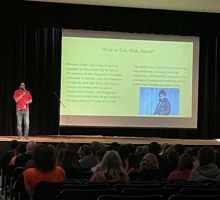 ARHS01835634's tweet photo. What a day! ARHS students listened to Gordon Pictou and his story and connections to residential schools and Chanie Wenjack. A Day of ACTION as ARHS students/staff walked for Chanie Wenjack, listened to Gord’s drumming and the Mi’ qmaq Honour Song! @CCRCE_NS @Chignecto_FoSS https://t.co/h3GywYYBNJ