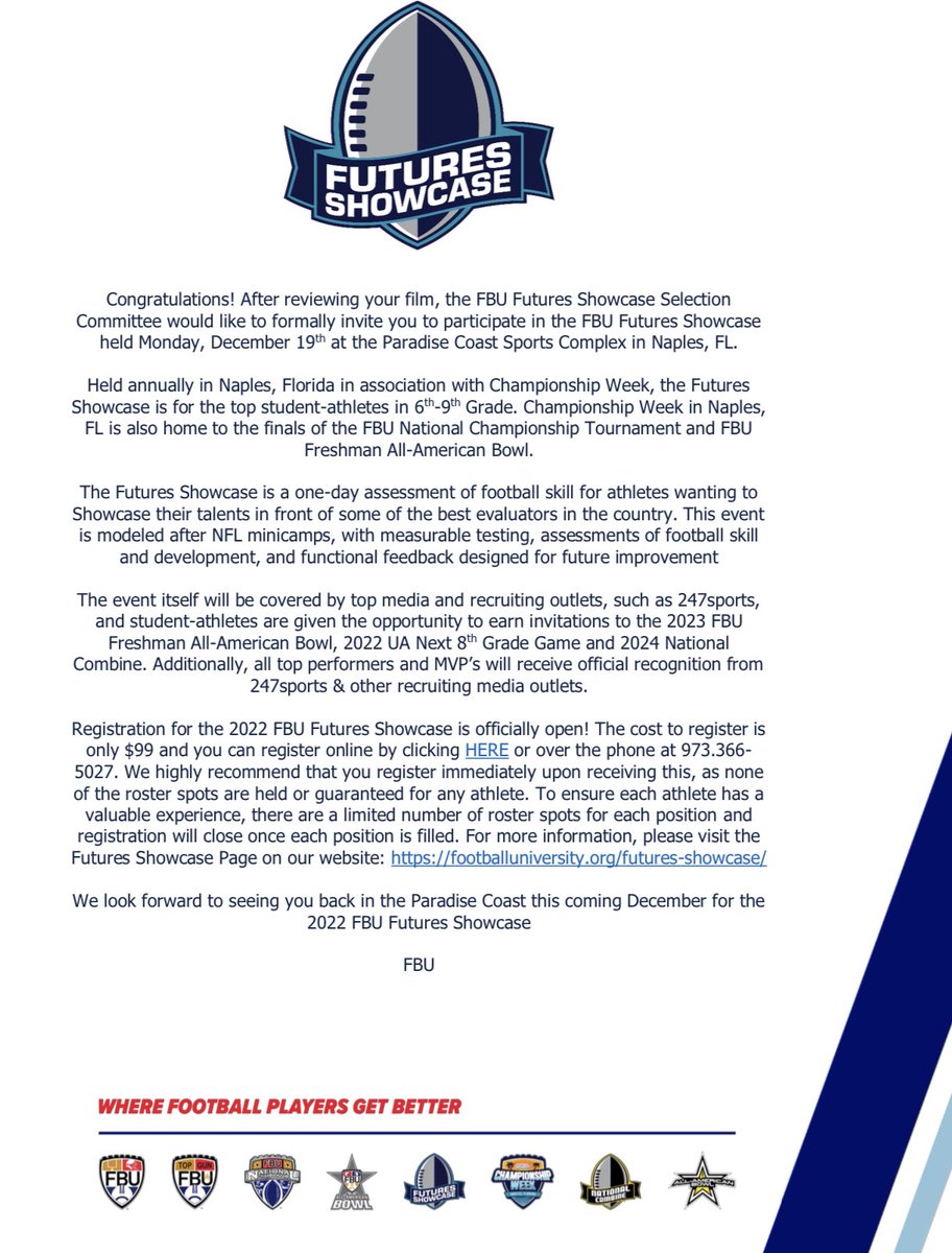 I’m Truly Blessed To Receive A Invite To The FBU futures showcase❤️Thank You #FBU #FBUAllAmerican #SHOWCASE @AWilliamsUSA @247recruiting @FBUAllAmerican @FBUcamp @stevequinnFBU @247Sports @