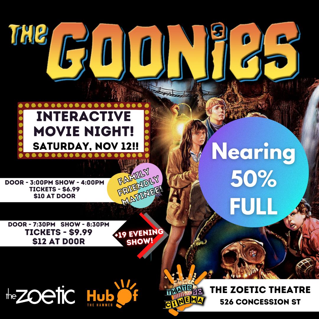 HubOfTheHammer's tweet photo. Goonies never say 💀 and neither should YOU!

Our interactive screening of THE GOONIES (think Rocky Horror or The Room with classic movies. Optional rules to heighten the fun with a little more) is hitting 50% sold for each screening with ten days to go. https://t.co/VZQ2G1EjmN