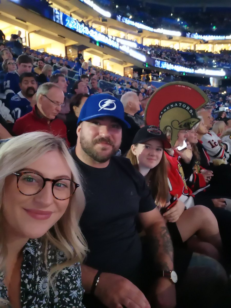 SteveQuinlan12's tweet photo. Steve, Lilly and Bella All the way from the United Kingdom for our 1st Tampa Game tonight ⚡⚡⚡@tblightning #TampaBay #TBLightning #boltsnation #gobolts #sec101 https://t.co/st26hOjGiA