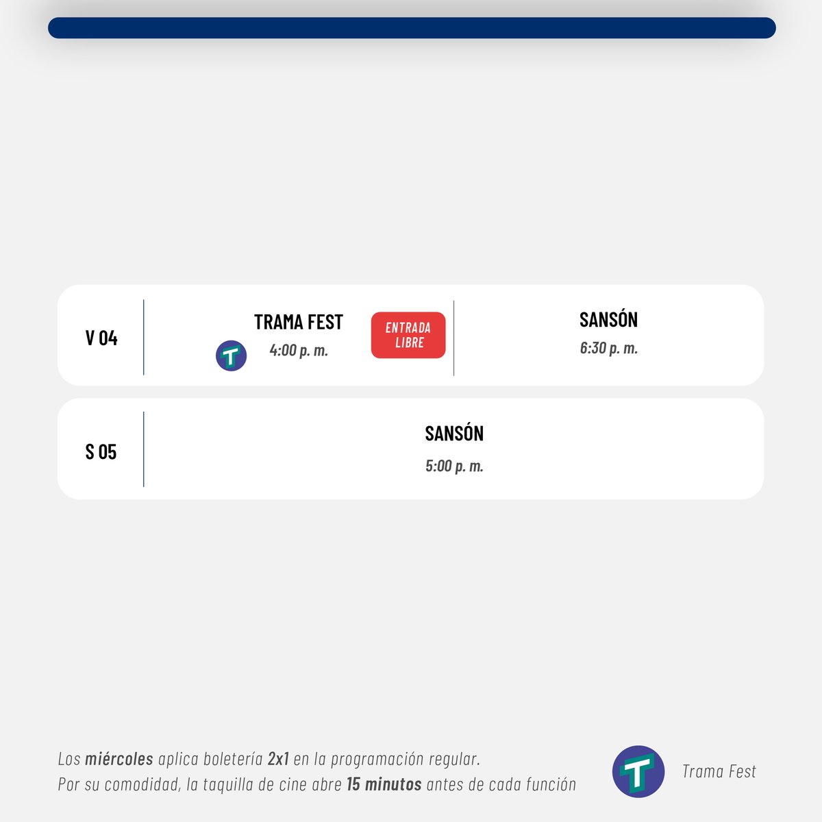 #EnCartelera 
¡Se renueva nuestra cartelera! Esta semana llega a nuestras salas 'Rebelión', una película que retrata al cantante Joe Arroyo. Tendremos una función especial de 'Los reyes del mundo' con su directora y también eventos especiales del Trama Fest (<a href="/RedTrama/">Trama</a>) 📽 $9.000