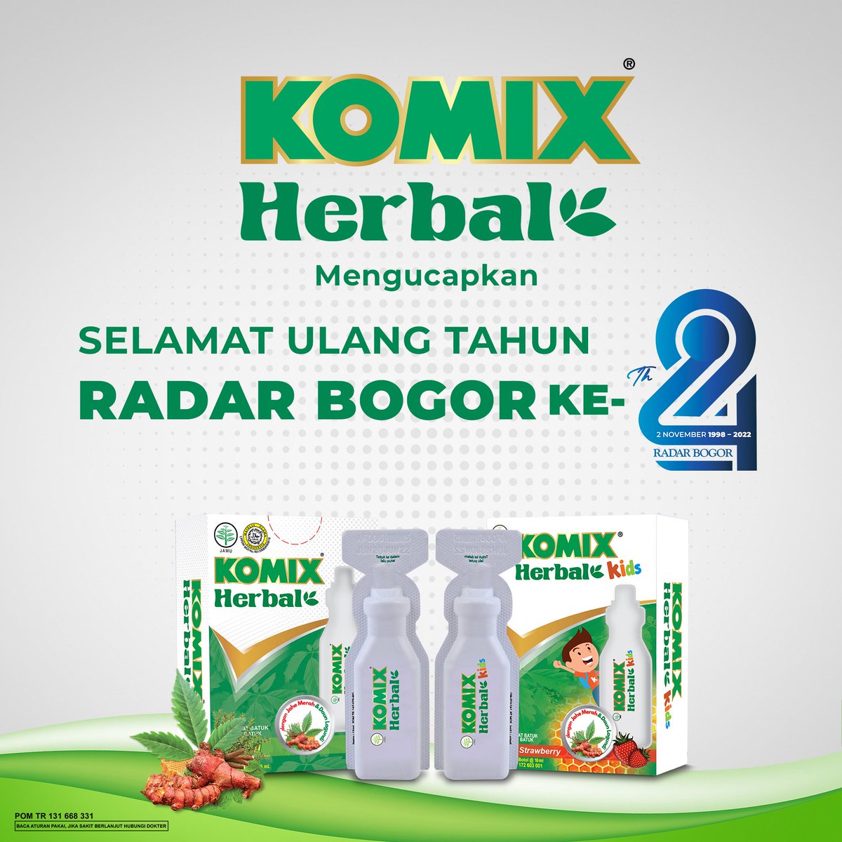 24 Tahun Radar Bogor, Komix Herbal obat batuk berbahan herbal alami dengan daun lagundi dan jahe merah ucapkan selamat ulang tahun, dengan harapan semoga Radar Bogor terus memberikan layanan media dan informasi terbaik untuk masyarakat Bogor. #KomixHerbal #BatukDiKomixHerbalAja