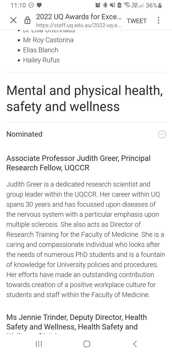 A/P Judith Greer #UQCCR is one in a million! I really admire and look up to Judith as a role model💫 So blessed to have a mentor like you 🙏
This <a href="/UQMedicine/">UQ Medicine</a> <a href="/UQ_News/">UQ News</a> Awards of #Excellence nomination is SO well deserved!! 👏
 staff.uq.edu.au/2022-uq-awards…