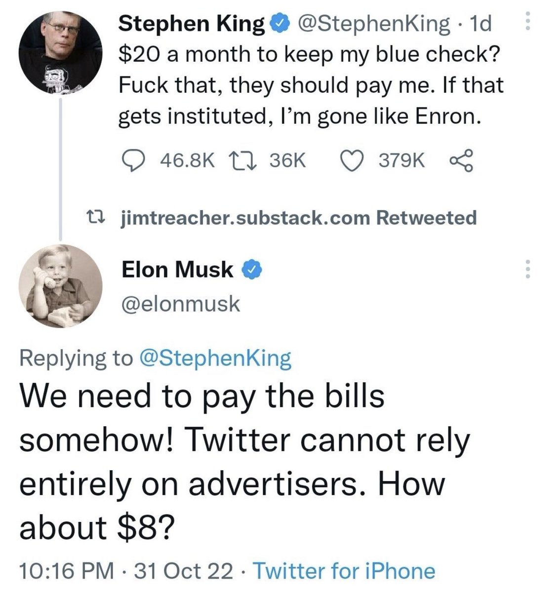 kenradio's tweet image. Only on Twitter, we can watch a man worth $200 billion negotiate with a man worth $500 million about saving $12 a month.