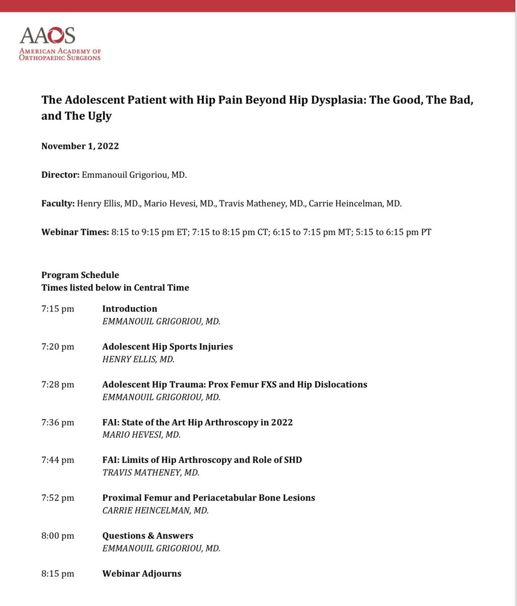 Mayo Clinic Hip Preservation (@mayohippres) on Twitter photo Starting in 5 minutes - The Adolescent Patient with Hip Pain.
Join us on our <a href="/AAOS1/">AAOS</a> webinar together with <a href="/MayoHipPres/">Mayo Clinic Hip Preservation</a> staff <a href="/EGrigoriouMD/">Emmanouil “Manos” Grigoriou, MD</a> and <a href="/MarioHevesiMD/">Mario Hevesi MD PhD</a>! Starting in 5 minutes - The Adolescent Patient with Hip Pain.
Join us on our <a href="/AAOS1/">AAOS</a> webinar together with <a href="/MayoHipPres/">Mayo Clinic Hip Preservation</a> staff <a href="/EGrigoriouMD/">Emmanouil “Manos” Grigoriou, MD</a> and <a href="/MarioHevesiMD/">Mario Hevesi MD PhD</a>!