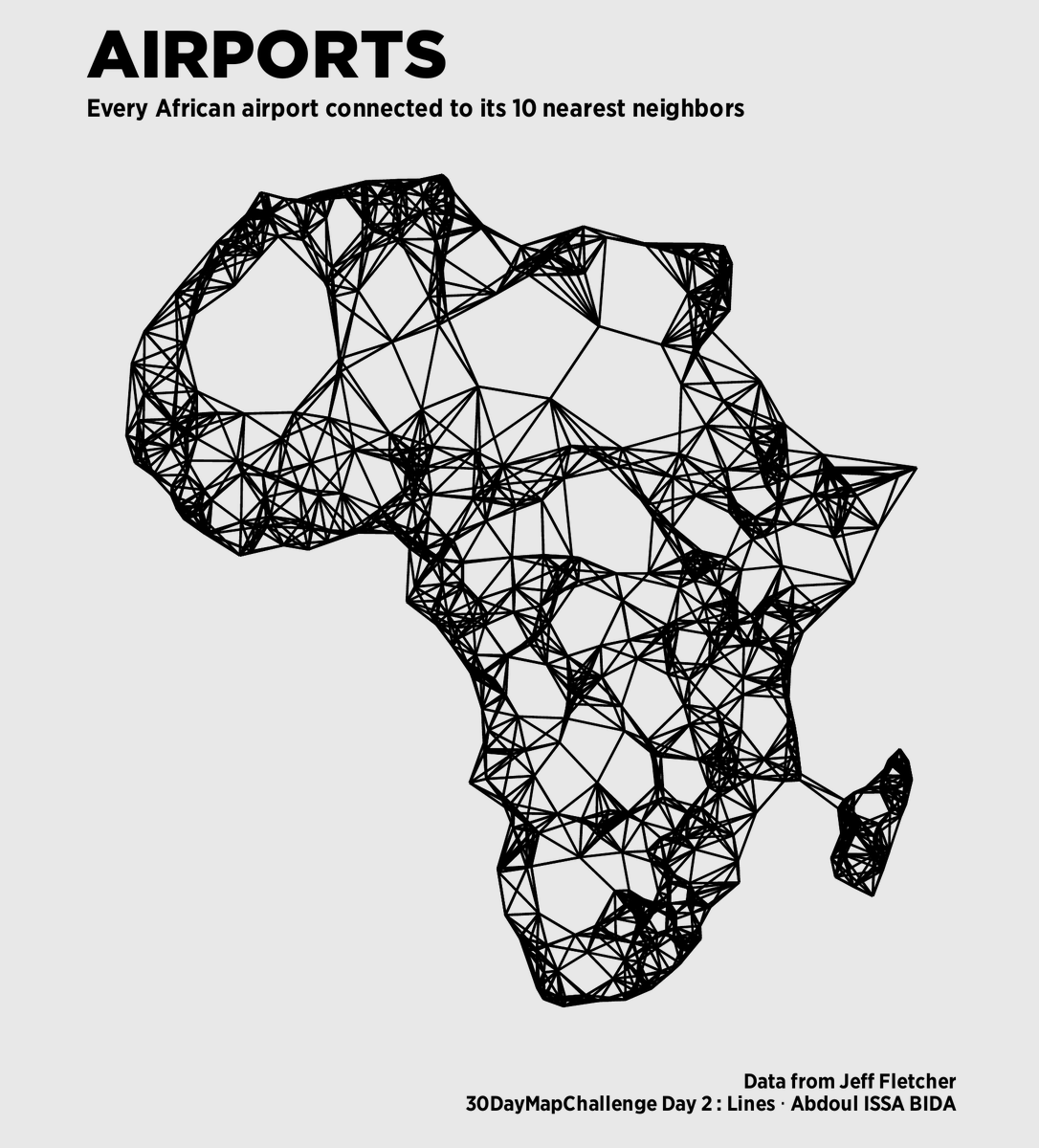 #30DayMapChallenge Day 2: Lines. Every African airport connected to its 10 nearest neighbors. HD graphic and #RStats code: github.com/AbdoulMa/30Day… #dataviz #GIS #maps