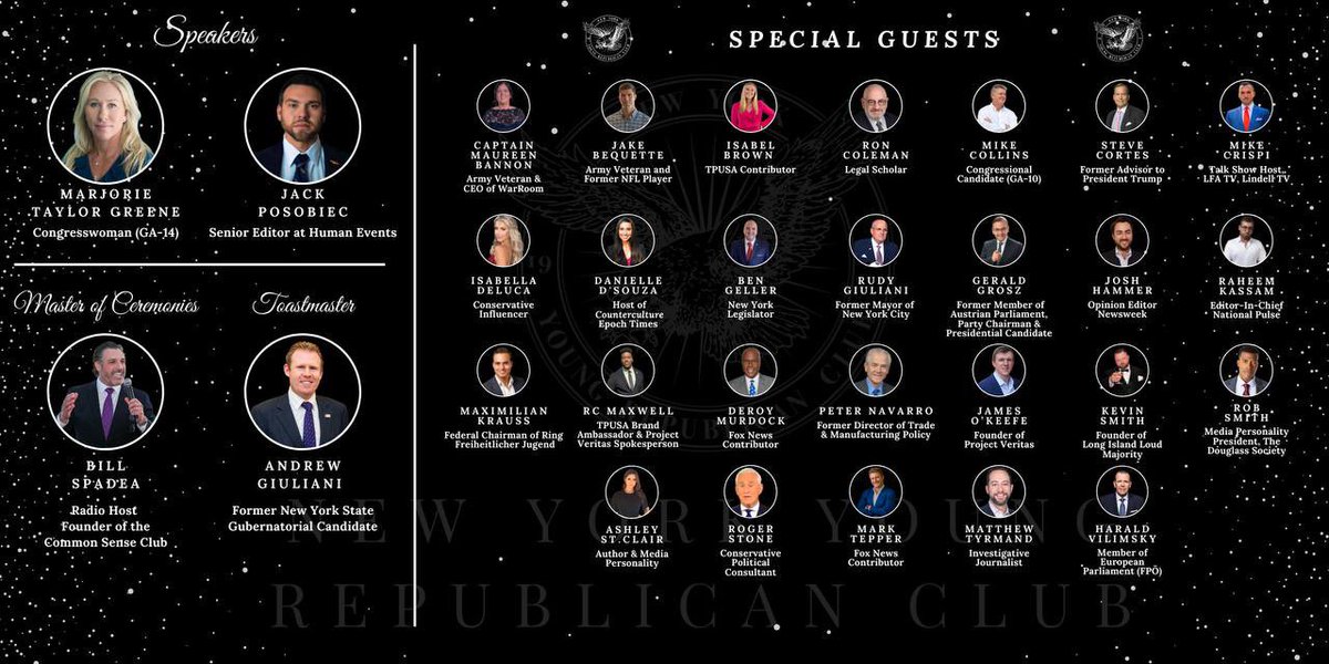 We have a star-studded lineup for our event of the year! Join us, @RepMTG and @JackPosobiec for our spectacular 110th Annual Gala on Saturday, 12/10 at 7pm. Click the link to get your tickets! eventbrite.com/e/nyyrcs-110th…