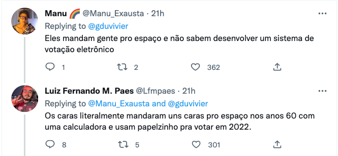 Pois é, tadinhos desses americanos, incapazes de criar uma urna tão veloz... ou será que aqueles que mandaram o homem à Lua na década de 1960 rejeitam isso por algum outro motivo?! 🤡