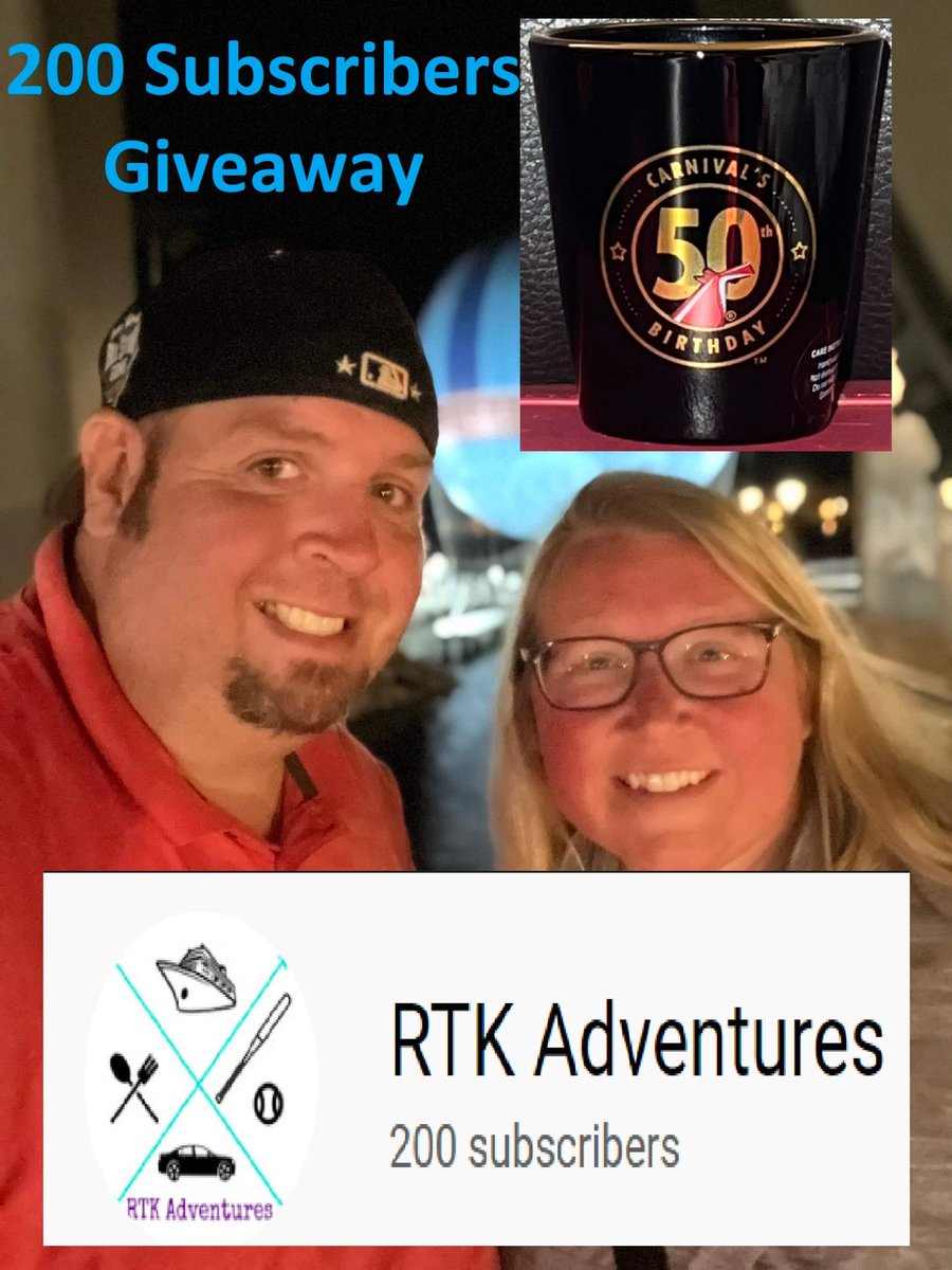 RTKAdventures's tweet photo. We have met 2022 goal of 200 subs on our @YouTube channel, RTK Adventures!  We are giving away this @CarnivalCruise 50th birthday shot glass. Tag 2 people below for your chance to win &amp; an RT for another entry. Be sure to be subscribed! Thanks 4 support! https://t.co/8KXPEhPWpX… https://t.co/nS4RAZ0R3Y
