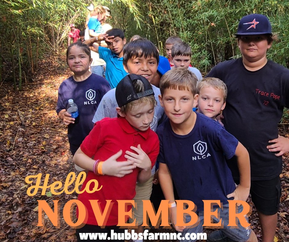 1st Day of November Nature Trail Walk with field trip guests today.
The trail colors of gold, orange, &amp; red hues made an ideal fall activity. Check out our nature trail soon. We are open 4 more days! 
For details/tickets⏬️
hubbsfarmnc.com 
#HubbsFarmNC #VisitNCFarms