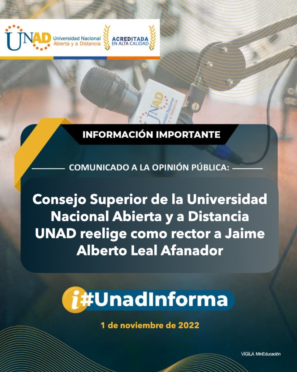 📌Luego de dar cumplimiento a los requerimientos establecidos por Subdirección de Inspección y Vigilancia del <a href="/Mineducacion/">MinEducación</a>, el Consejo Superior Universitario designó, por mayoría de votos, a Jaime Alberto Leal, como rector 2023-2027.
Comunicado oficial👉bit.ly/3FC79lB