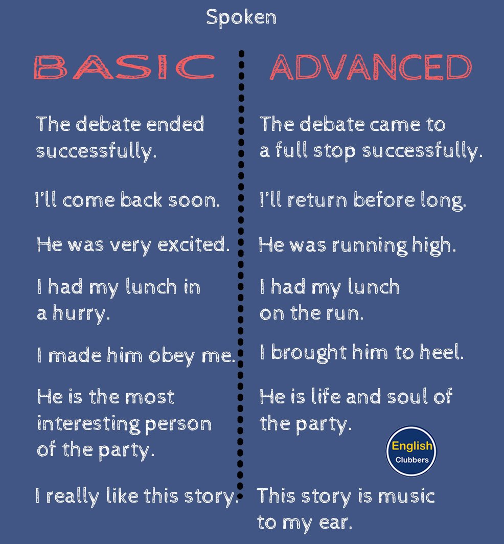 desvanecerse colateral Sinceridad English Clubbers on Twitter: "Basic English vs Advanced English | spoken  English https://t.co/ZbyjZlpb91" / Twitter
