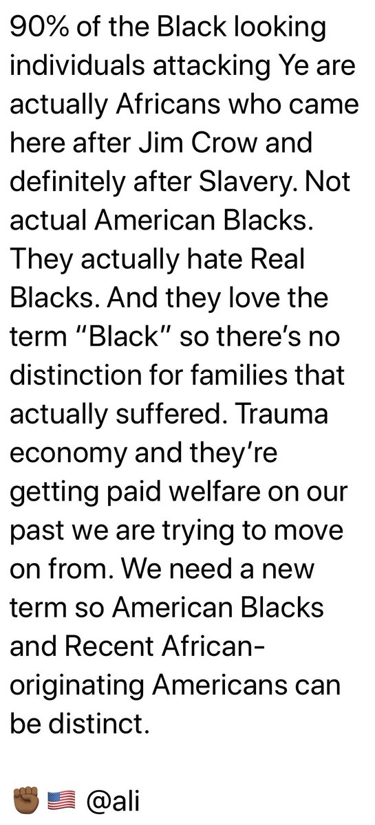 Mgon's tweet photo. .@ALI:
โ90% of #Black looking individuals attacking #Ye are actually #Africans who came here after #JimCrow & definitely after #Slavery. Not actual #AmericanBlacks. They actually hate #RealBlacks. And they love the term โBlackโ so thereโs no distinction for families that...โ 1/2 https://t.co/eofxbguegb