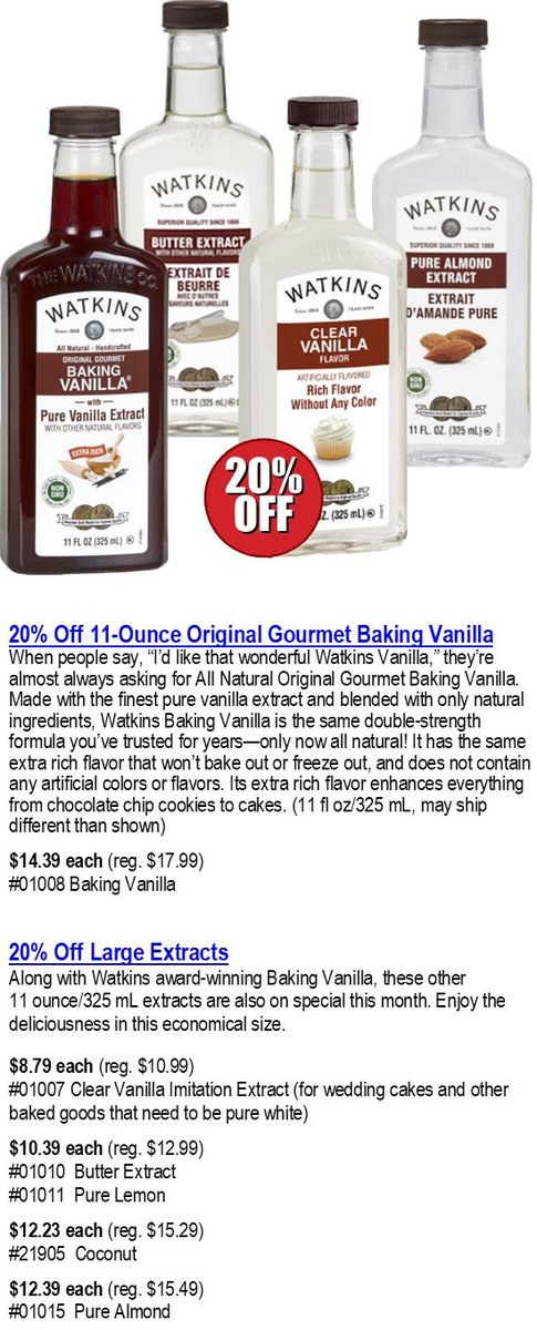 Eleisia's tweet photo. Watkins Super Sale during November with 11 fl. oz. value size Extracts 20% off.
Order early to get products in time for your holiday baking and entertaining.
https://t.co/TiCJ22vDEW
#watkinswitheleisia #watkinsextracts #watkinssupersale #bakingvanilla #clearvanilla https://t.co/GFhc9e162P