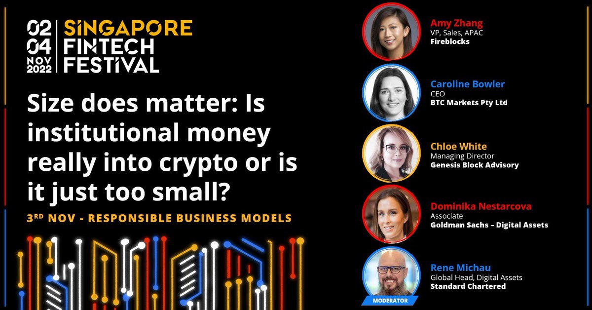 renemichau's tweet photo. It is @sgfintechfest time!!@CaroBowler @ChloeWhiteAus Amy Zhang &amp; Dominika Nestarcova give us the harsh realities of #insto #crypto SIZE MATTERS!! thanks to @GoldmanSachs @BTCMarkets @FireblocksHQ @GenesisBlockAus @StanChartLive @scventuresDNA @elevandi https://t.co/bd0BzZoCIp