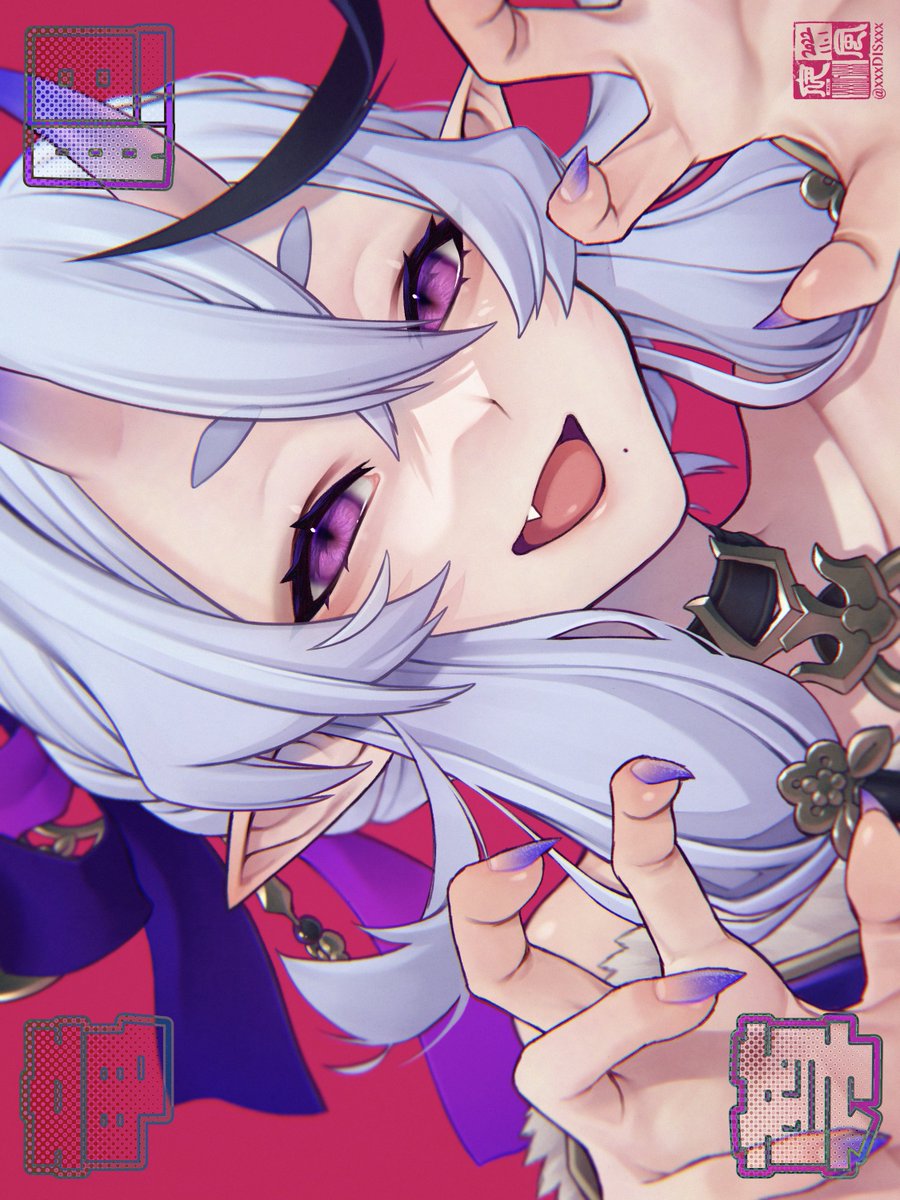 1girl solo horns pointy ears fang mole under mouth oni horns  illustration images