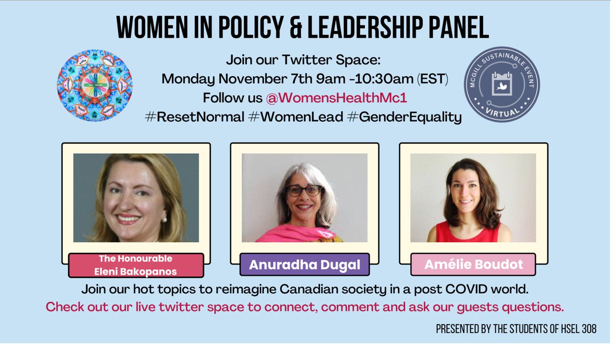 WomensHealthMc1's tweet photo. We are very excited to welcome our speakers on our #TwitterSpace on Monday Nov 7, from 9:00-10:30! Join us to learn more about how we can reimagine policy and leadership with women at the center. Don't miss out on this exciting opportunity! Are you ready to #ResetNormal?😀 https://t.co/h6XfDJ5IVB