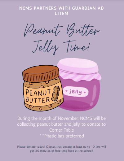 NCMS_STEM's tweet photo. Now collecting donations of peanut butter and jelly for the month of November. The class that donates up to 10 jars will receive free time. https://t.co/WtI9Z8xN1D