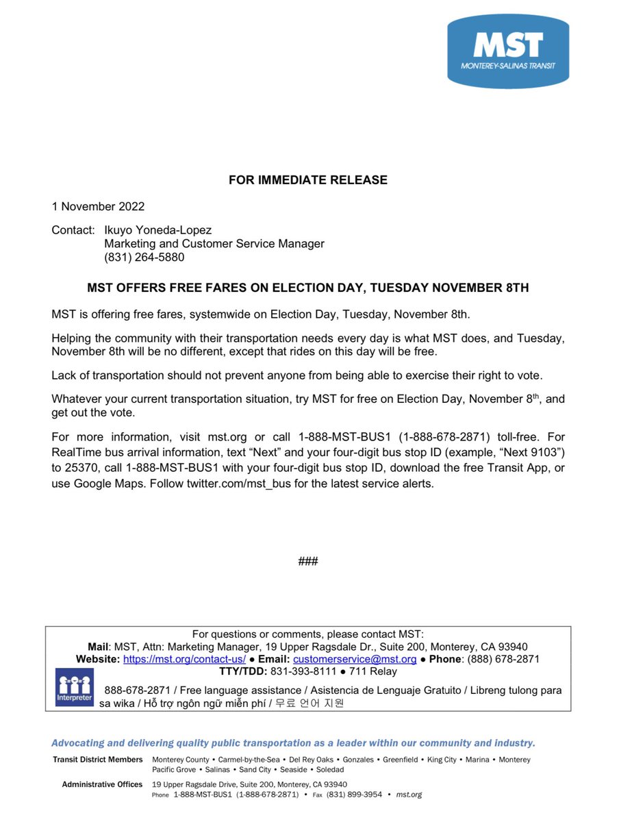 MST is offering free fares, systemwide on Election Day, Tuesday, November 8th. For more information, please visit: mst.org/news_items/mst…