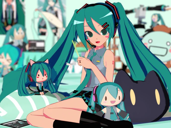 I had a lot of fun making this one! I used the now defunct  to find as many "weird" miku models as I could find so I could have her room look lively. I think it fits her to have built quite a collection of odd merch made in her image over the years. 