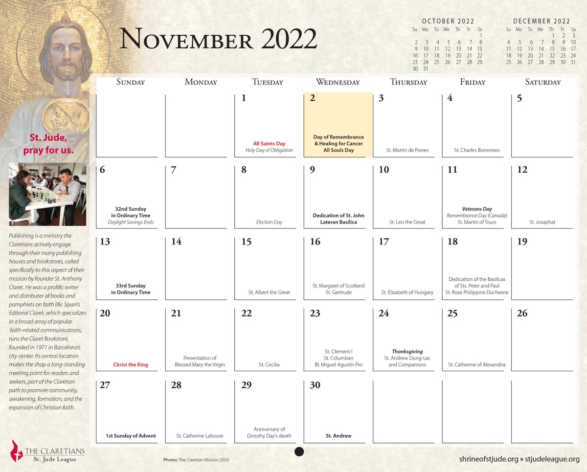 View the liturgical calendar for the month of November and keep up-to-date on this month's feast days and other celebrations: bit.ly/litcalnov 

-

#stjude #liturgicalcalendar #calendar #saint #feastdays #prayforus #church #month #november #celebrate #novena #saintjude