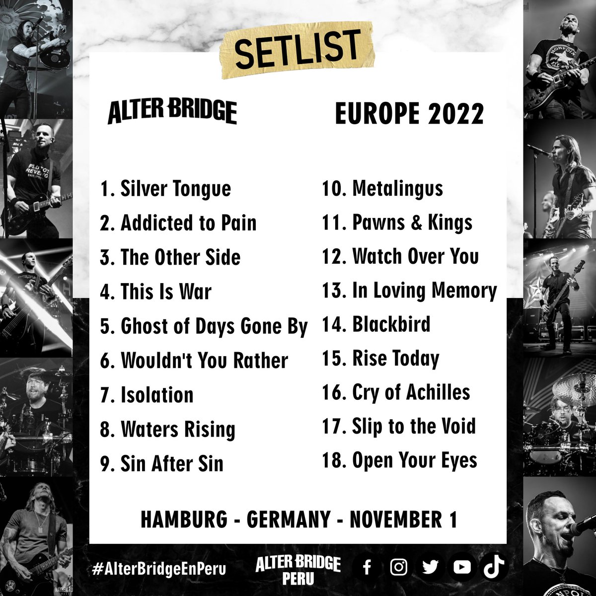 Alter Bridge Perú on X: 📄 SETLIST  @alterbridge at Hamburg, Germany  (01.11.22) 🇩🇪♟️👑 #alterbridge #pawnsandkingstour #alterbridgeenperu   / X