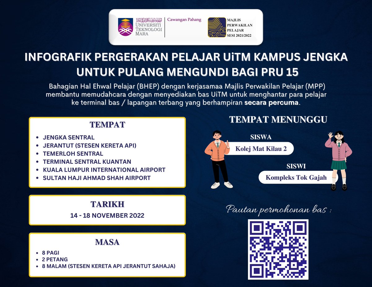 PERCUMA! PERCUMA! PERCUMA!

MPP UiTM Pahang mengambil inisiatif untuk menyediakan bas percuma kepada seluruh pelajar UiTM Kampus Jengka bagi menghantar pelajar ke stesen bas/terminal yang ditetapkan.

Jangan lupa imbas QR Code untuk permohonan!🫰