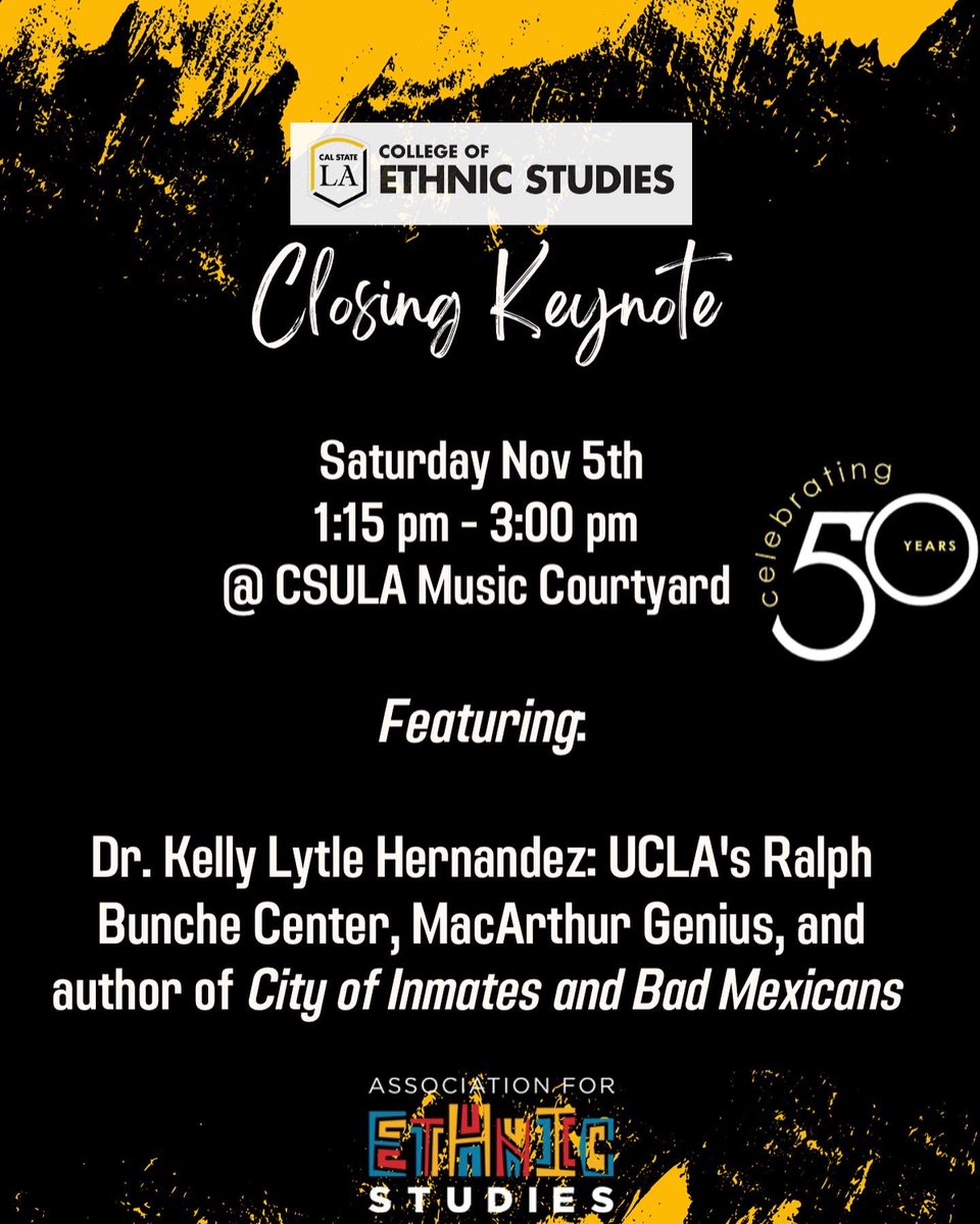 Don’t miss the Association for Ethnic Studies 50th anniversary conference to be hosted by @ethnicstudiesla. Join us for amazing talks, panels and fellowship. Students free. Community $10 per day. On site registration. #EthnicStudies