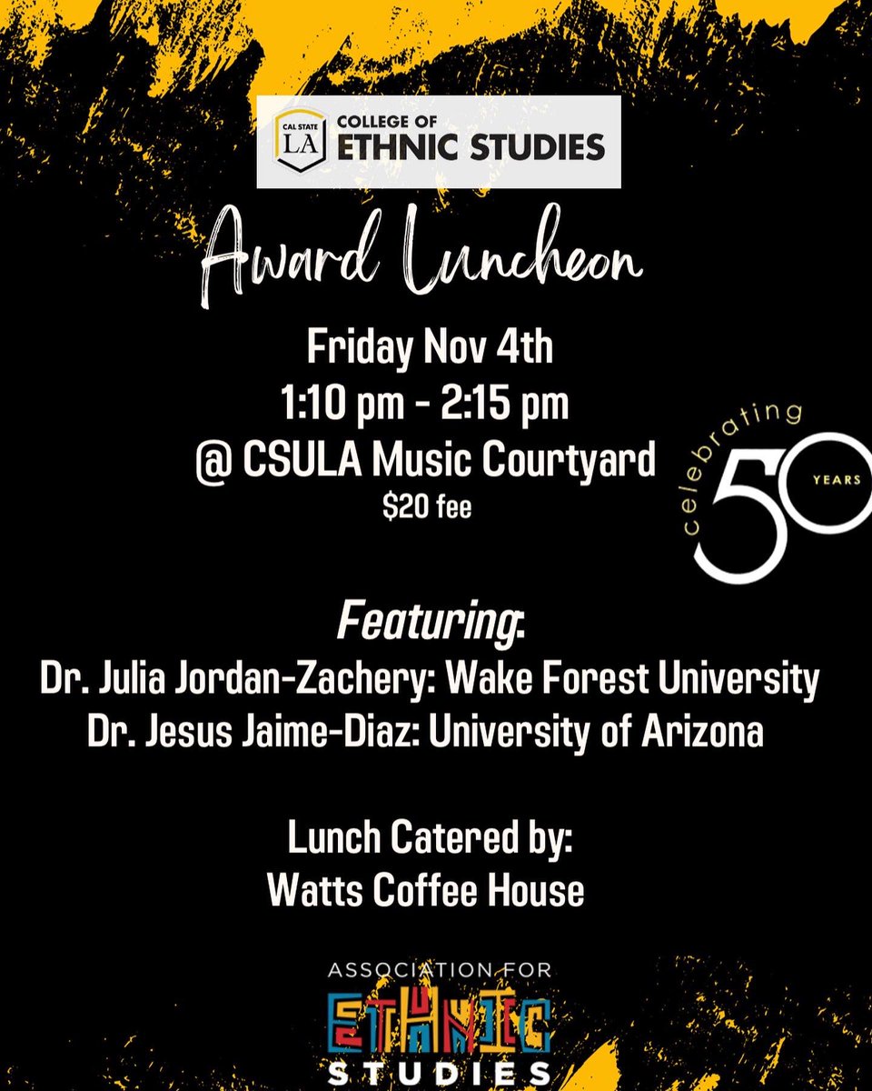 DocMellyMel's tweet photo. Don’t miss the Association for Ethnic Studies 50th anniversary conference to be hosted by @ethnicstudiesla. Join us for amazing talks, panels and fellowship. Students free. Community $10 per day. On site registration. #EthnicStudies https://t.co/HoQqlsbCnU
