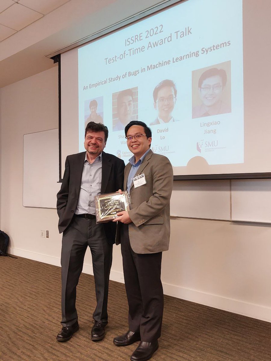 Thank you very much @BoCukic for the arrangement and plaque, <a href="/aitorarrieta/">Aitor Arrieta</a> for the tweet and photos, and <a href="/ISSREConf/">ISSREConf</a> Test-of-Time Award committee for selecting our ISSRE'12 paper for being a pioneering work on ML reliability. Slides: mysmu.edu/faculty/davidl…