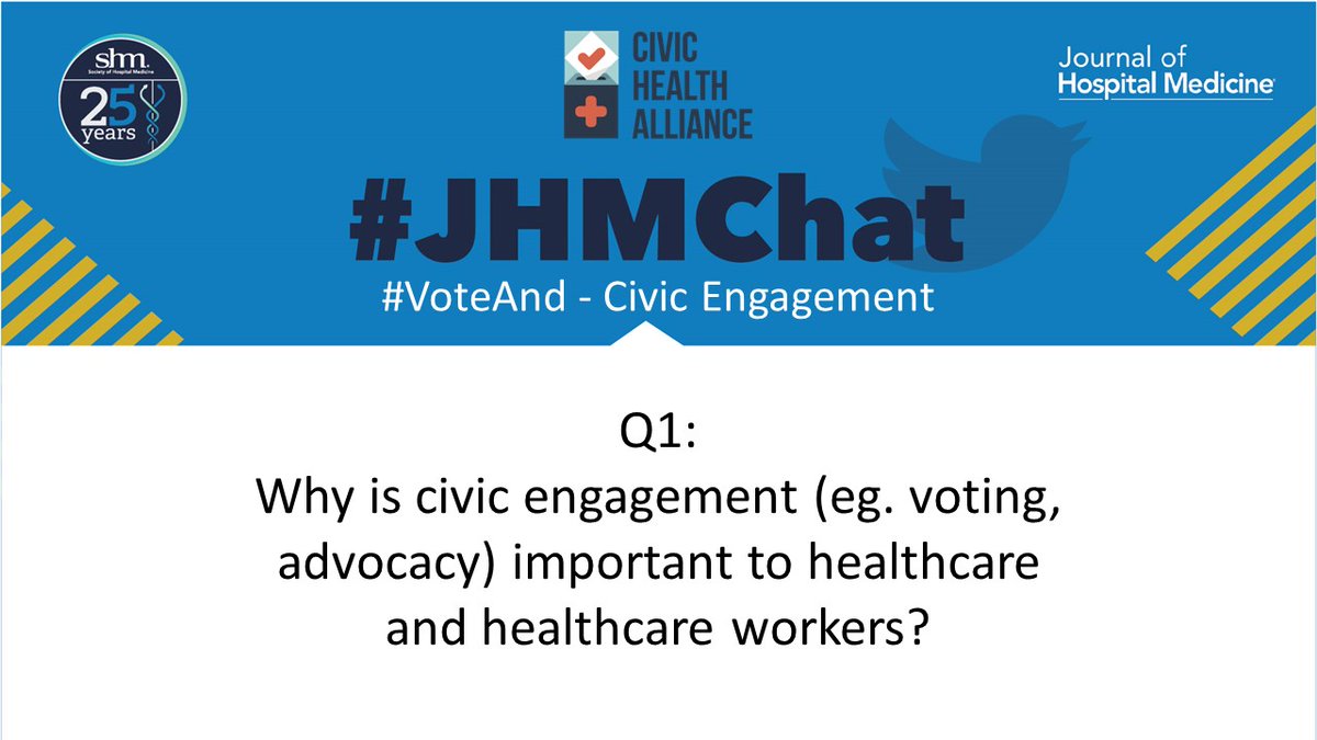 Here's Question 1 for tonight's #JHMCHAt: Q1: Why is civic engagement (eg. voting, advocacy) important to healthcare and healthcare workers? Remember to respond with A1 and #JHMChat #VoteAnd!