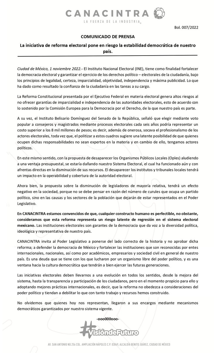 COMUNICADO | La iniciativa de reforma electoral pone en riesgo la estabilidad democrática de nuestro país.