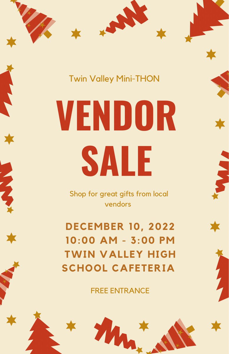 🚨ANNOUNCING OUR 2ND ANNUAL VENDOR SALE🚨

🗓️December 10th 
📍TVHS Cafeteria 
⏰ 10am - 3pm

🎄If you’re interested in becoming a vendor, there are still spots available. Register by following the link in our bio!

⛄️Keep your eye out for more information!