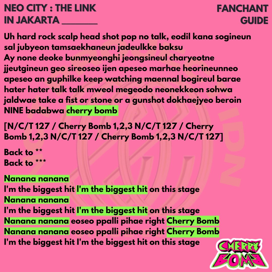 nctprojectidn's tweet photo. [FANCHANT GUIDE NCT 127 THE LINK in JAKARTA by @nctprojectidn]

Sijeuni🌱 Sudah hafal fanchant CHERRY BOMB buat The Link in JKT belum? yuk hafalin Fanchant Guide yang kami buat ini😌

Kita fanchant bareng yang kenceng ya pas The Link in Jakarta nanti🔥

#nctprojectidn #NCT127 https://t.co/HuR8fn8kGS